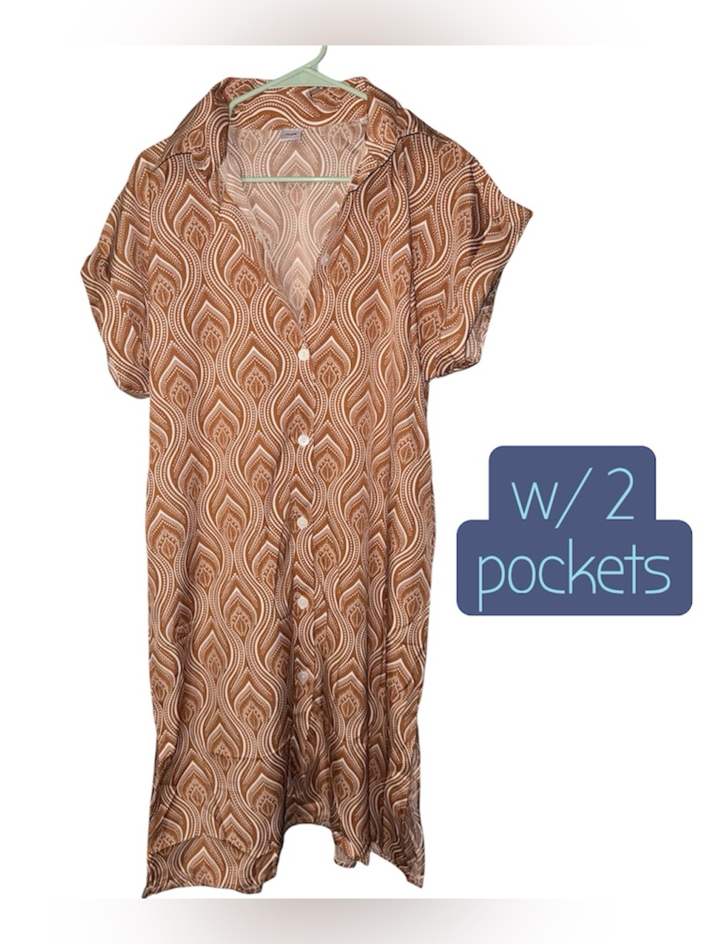 Brown Printed Short-Sleeve Women’s Swim Cover-Up Dress